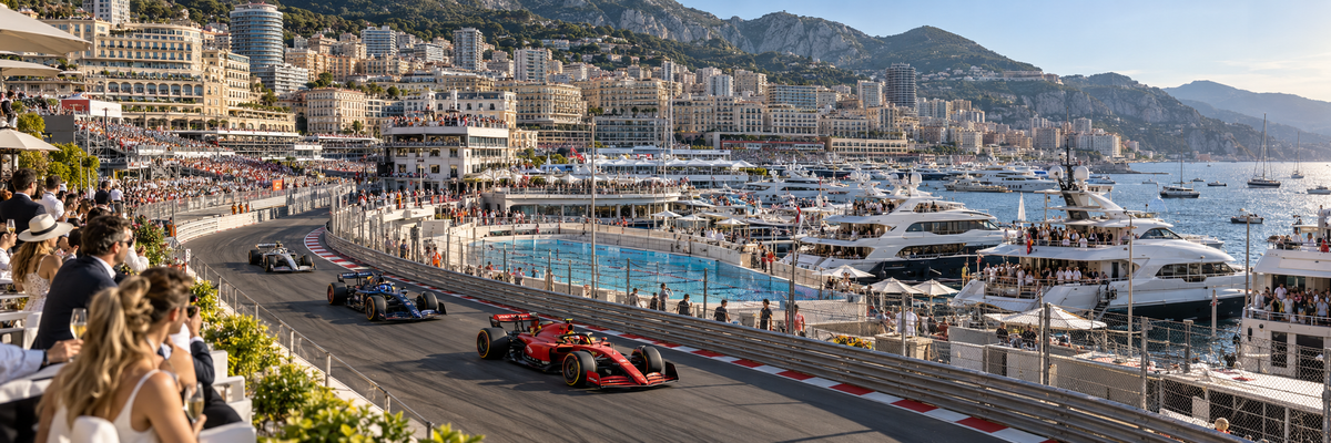 Monaco-inspired race scene with open-wheel cars, spectators, yachts and the Monte Carlo skyline
